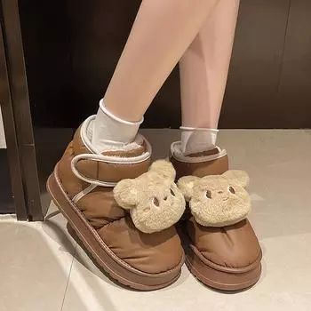 Новые плюшевые теплые домашние хлопковые сапоги с рисунком медведя, милые осенне-зимние женские нескользящие пушистые тапочки для женщин, зима 36-37 бежевый