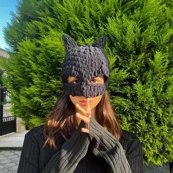 Новые полностью вручную связанные кошачьи ушки, медвежьи ушки и рожки, забавная взрослая шапка, плетеная шапка со шнуровкой