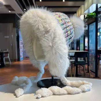 Новые полосатые шапки-ушанки Теплые шапки женские русские лыжные зимние шапки-бомберы из меха енота M56-60cm белый