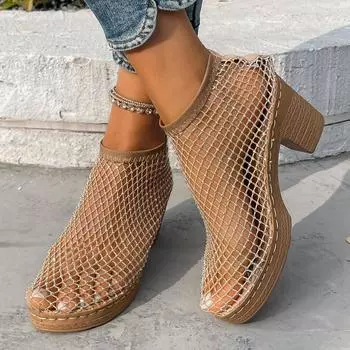 Новые полые модные босоножки на высоком каблуке с бриллиантовыми заклепками для женщин, сексуальные и удобные туфли-сетки для рыбалки, подходят для пляжа 36 чёрный