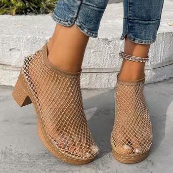Новые полые модные босоножки на высоком каблуке с бриллиантовыми заклепками для женщин, сексуальные и удобные туфли-сетки для рыбалки, подходят для пляжа 36 золотой
