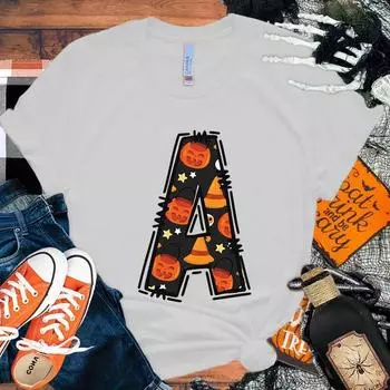 Новые популярные футболки с 26 буквами алфавита на Хэллоуин, модные летние футболки для женщин и девочек, унисекс, повседневные футболки с коротким рукавом и круглым вырезом S