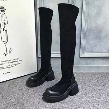 Новые популярные повседневные и удобные прогулочные зимние ботинки на толстой подошве для женщин, сапоги выше колена на толстом каблуке 35