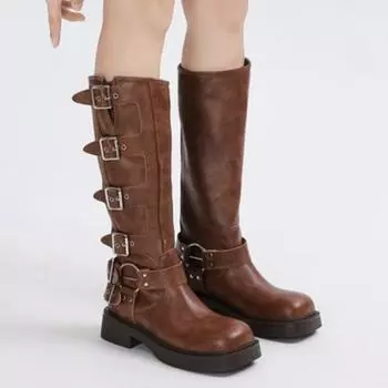 Новые популярные туфли на высоком каблуке до колена, модные женские ботинки в стиле панк-готика, рок, кожаные, мотоциклетная обувь 35