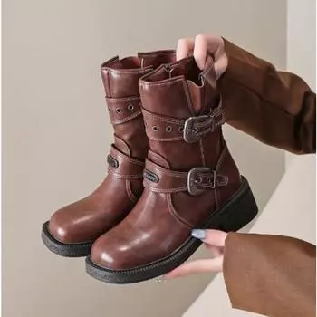 Новые популярные женские сапоги до колена на платформе с заклепками, рыцарские боевые готические элегантные туфли на среднем каблуке для женщин, обувь для мотоциклистов 35 чёрный