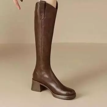 Новые популярные женские сапоги на молнии на толстом высоком каблуке Простые толстые высокие каблуки Осенние и зимние сапоги до колена Zapatos 35
