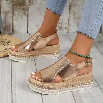 Новые популярные женские туфли, босоножки Fish Mouth, повседневные сандалии с пряжкой на ремешке, популярные босоножки с открытым носком и толстой подошвой на танкетке 36 золотой