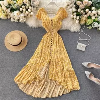 2025 Новые поступления Милые платья с цветочным принтом и V-образным вырезом без спинки Стильные платья нестандартной формы one size жёлтый