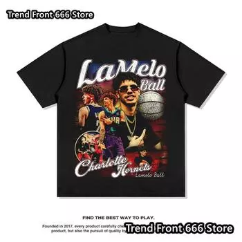 Новые поступления Летние мужские футболки LaMelo Three ball Bauer Print Cotton Футболки Trend Vintage Tees Мужские топы с коротким рукавом в уличном стиле 100cm