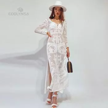 Новые поступления, пикантная пляжная накидка, вязаный крючком, женский купальник, Рашгард, пляжный кафтан, платье с запахом One Size белый