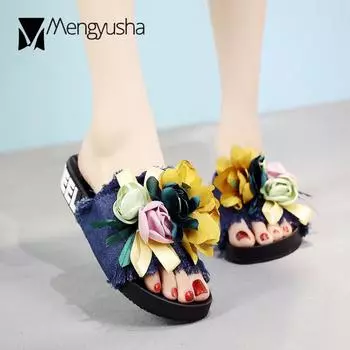 Новые поступления шелковые цветы плоские тапочки уличные милые камелии кисточки шлепанцы женские летние 5 цветов джинсовые тапочки для девочек 6 чёрный