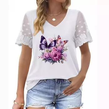 Новые поступления женской одежды больших размеров: Топ с короткими рукавами и V-образным вырезом, кружевными деталями и цветочным принтом на лето S