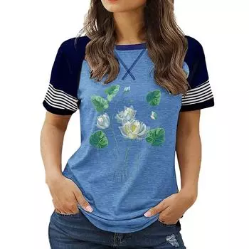 Новые поступления женской одежды больших размеров: Топ с круглым вырезом и короткими рукавами с цветочным принтом на лето S