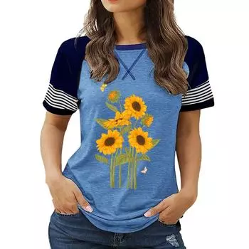 Новые поступления женской одежды больших размеров: Топ с круглым вырезом и короткими рукавами с цветочным принтом на лето S