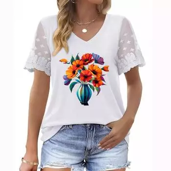 Новые поступления женской одежды больших размеров: Топ с короткими рукавами и V-образным вырезом, кружевными деталями и цветочным принтом на лето S