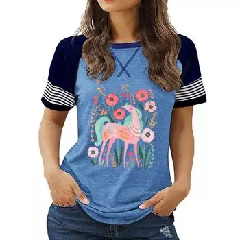 Новые поступления женской одежды больших размеров: Топ с круглым вырезом и короткими рукавами с цветочным принтом на лето S