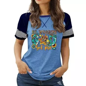 Новые поступления женской одежды больших размеров: Топ с круглым вырезом и короткими рукавами с цветочным принтом на лето S