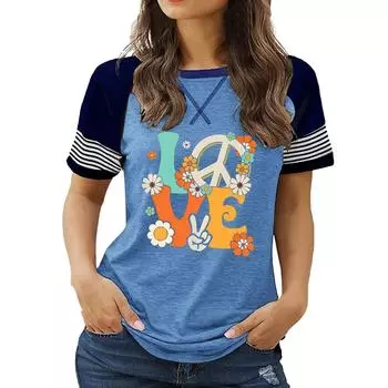 Новые поступления женской одежды больших размеров: Топ с круглым вырезом и короткими рукавами с цветочным принтом на лето S