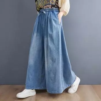 Новые потертые джинсы, широкие брюки, ретро свободные, большого размера, эластичная талия, шнуровка, брюки, юбка, модные Large size M синий