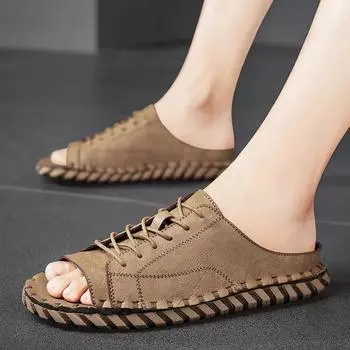 Новые повседневные кожаные тапочки ручной работы с персонализированной шнуровкой и сандалиями из суперволокнистой кожи размера плюс 39-46 39 чёрный