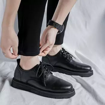 Новые повседневные туфли из кожи с круглым носком в британском стиле, маленькие кожаные туфли, мужские трендовые туфли большого размера 86269-M 43 чёрный