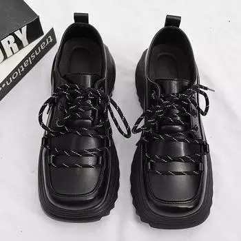 Новые повседневные туфли из кожи в стиле ретро для отдыха на толстой подошве с квадратной головкой, персонализированные мужские туфли 39 чёрный