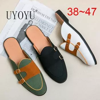 Новые повседневные туфли с пряжкой для отдыха на открытом воздухе, мужские нескользящие полуботинки, мокасины, кожаные парусиновые тапочки, дышащие мюли без застежек, модные шлепанцы 37