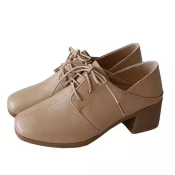 Новые повседневные туфли в британском стиле, женские туфли на среднем толстом каблуке, на шнуровке, однотонные, маленькие туфли в стиле колледжа, ретро, рабочая обувь 35 хаки