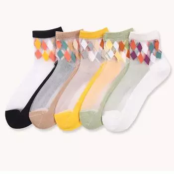 Новые повседневные женские носки из стеклянного шелка с бриллиантами и цветами средней трубки, женские носки из хрустального шелка без костей, сшитые вручную, женские носки, детские весенние и летние чёрный