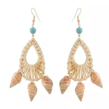 Новые преувеличенные серьги из натурального бамбука ручной работы в европейском и американском стиле с бирюзовыми раковинами бежевый