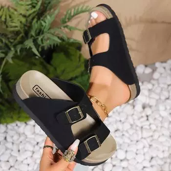 Новые пробковые тапочки унисекс для мужчин и женщин на размер 35–43, кожаные сабо-мулы, тапочки высокого качества из мягкой пробки, шлепанцы с двумя пряжками 40 бежевый