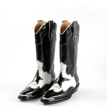 Новые прошитые остроносые ковбойские сапоги для девушек в ковбойском стиле, женские сапоги до колена и средней длины для женщин 35 чёрный