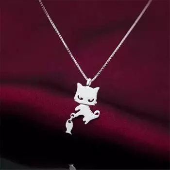 Новые простые креативные милые украшения из стерлингового серебра 925 пробы с изображением котенка и рыбки, модные популярные ожерелья с цепочкой на ключицу в виде кошки Xl069