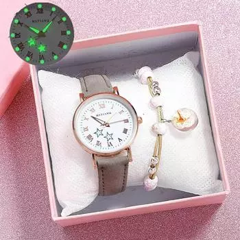 Новые простые роскошные женские кварцевые часы винтажные наручные часы для девочек со звездами из матовой кожи светящиеся часы для отдыха зелёный