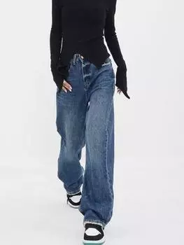 Новые прямые джинсы французского ретро-синего цвета для женщин, эстетичные градиентные брюки больших размеров, свободные брюки, модные повседневные брюки с высокой талией и широкими штанинами. S чёрный