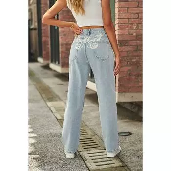 Новые прямые джинсы со средней посадкой и принтом бабочки S синий