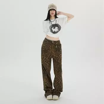 Новые прямые джинсы в американском стиле с леопардовым принтом в стиле ретро с широкими штанинами и свободным кроем, женские винтажные повседневные брюки XS