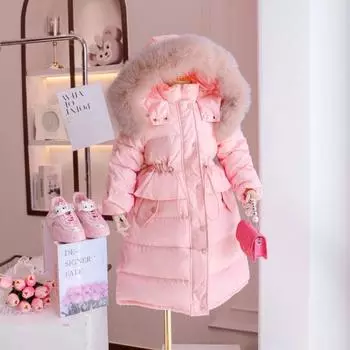 Новые пуховики для девочек на зиму, детские корейские пуховики из белой утки. 110cm розовый