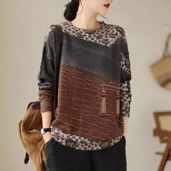 Новые пуловеры Весенние свитера Цветочные женские узоры О-образный вырез Принт свитера Вязание свободный свитер One Size красный