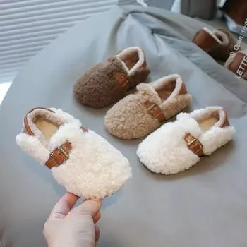 Новые пушистые хлопковые туфли для девочек, зимняя теплая детская обувь, простые, с круглым носком, модные, повседневные, плюшевые туфли, утолщенные, универсальные 21 темно-коричневого
