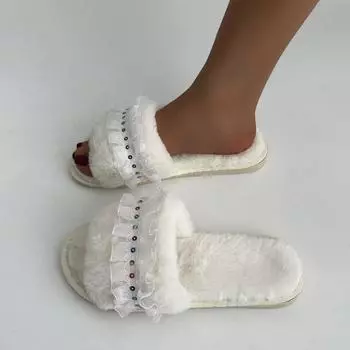 Новые пушистые меховые тапочки женские теплые плюшевые плоские низкие каблуки женские туфли плиссированные цветные меховые тапочки на платформе 36 чёрный