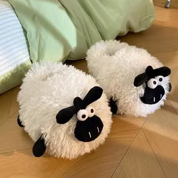 Новые пушистые тапочки для взрослых с рисунком овцы для женщин и мужчин, домашняя обувь с потертостями, зимние теплые плюшевые тапочки на каблуке, тапочки из ягненка, унисекс 36-37