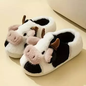Новые пушистые тапочки Kawaii Cow, уютные и теплые туфли без шнуровки на мягкой подошве, зимние плюшевые домашние тапочки 42-43