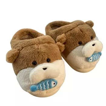 Новые пушистые тапочки с изображением медведя, поедающего рыбу, женские плюшевые шлепанцы для дома, женские теплые тапочки, забавные зимние тапочки с изображением животных 36-37