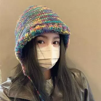 Новые японские градиентные шерстяные винтажные полосатые шапки-бини для женщин, связанная крючком, толстая теплая вязаная шапка, зимняя панама