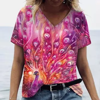 Новые яркие женские футболки с принтом павлиньего пера размера плюс, топ с v-образным вырезом, женская летняя рубашка, женская одежда, повседневная футболка S