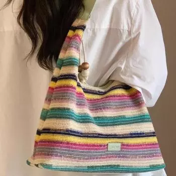 Новые радужные красочные сумки на ремне, повседневные женские холщовые плетеные сумки на берегу моря, простые женские сумки большой вместимости