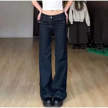Новые расклешенные джинсы женские винтажные брюки с заниженной талией и вышивкой эстетичные уличные повседневные брюки-карго 2025 женская одежда S темно-синий