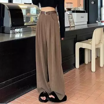 Новые ретро черные европейские хлопковые ворсовые модные повседневные брюки женские драпированные осенне-зимние прямые брюки с высокой талией в иностранном стиле S темно-серого