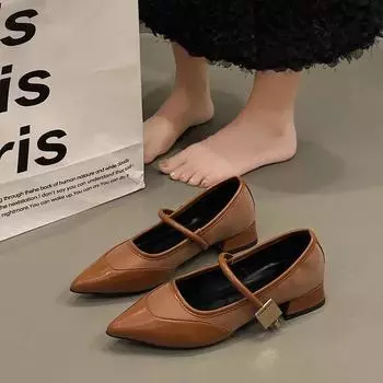 Новые ретро металлические женские туфли Весенние пряжки квадратной формы женские одинарные туфли классические толстые каблуки мягкие кожаные женские туфли-лодочки 35 чёрный